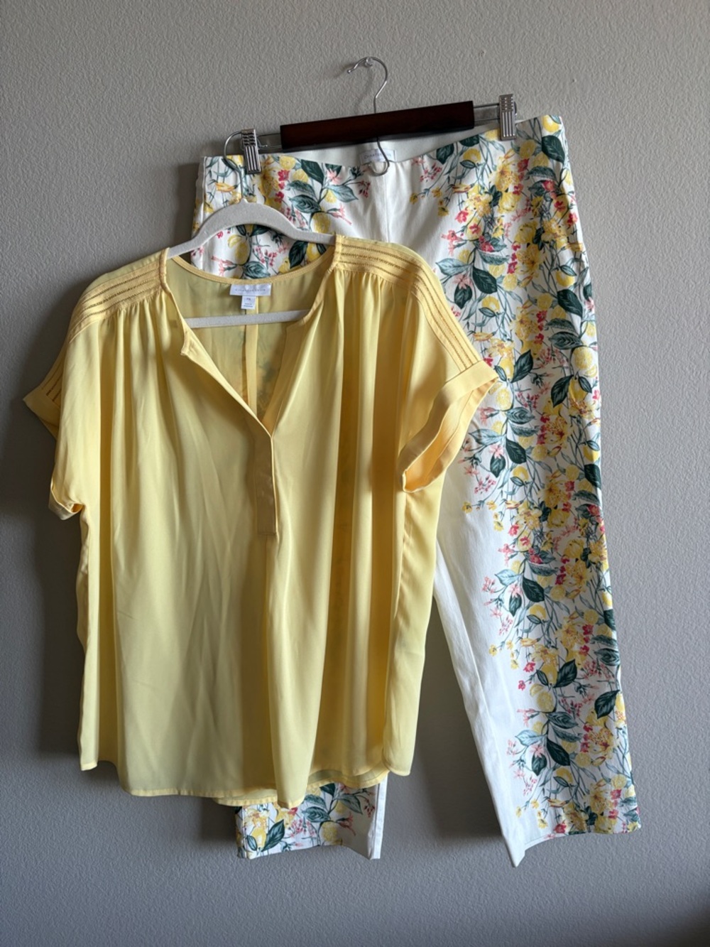 Charter Club Yellow Short Sleeve Blouse & White Floral Pull On Pants Set